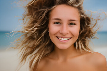 beautiful twenty-year-old caucasian white surfer girl with long blonde hair and a pretty smile on a beach