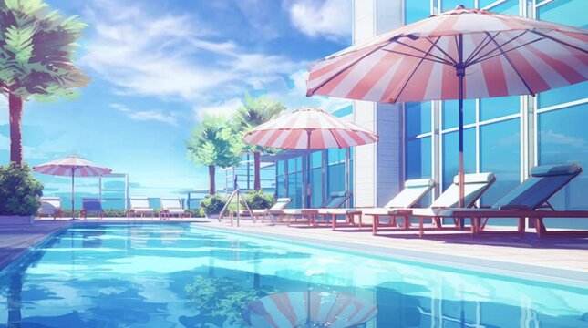 hotel swimming pool with umbrella and relaxing bench with sea view looping video animation anime background illustration