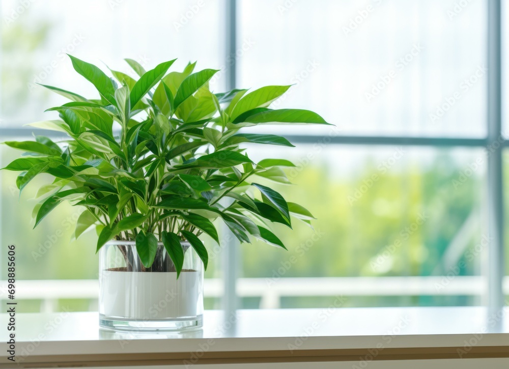 Poster a potted plant on a table in front of a window. generative ai.