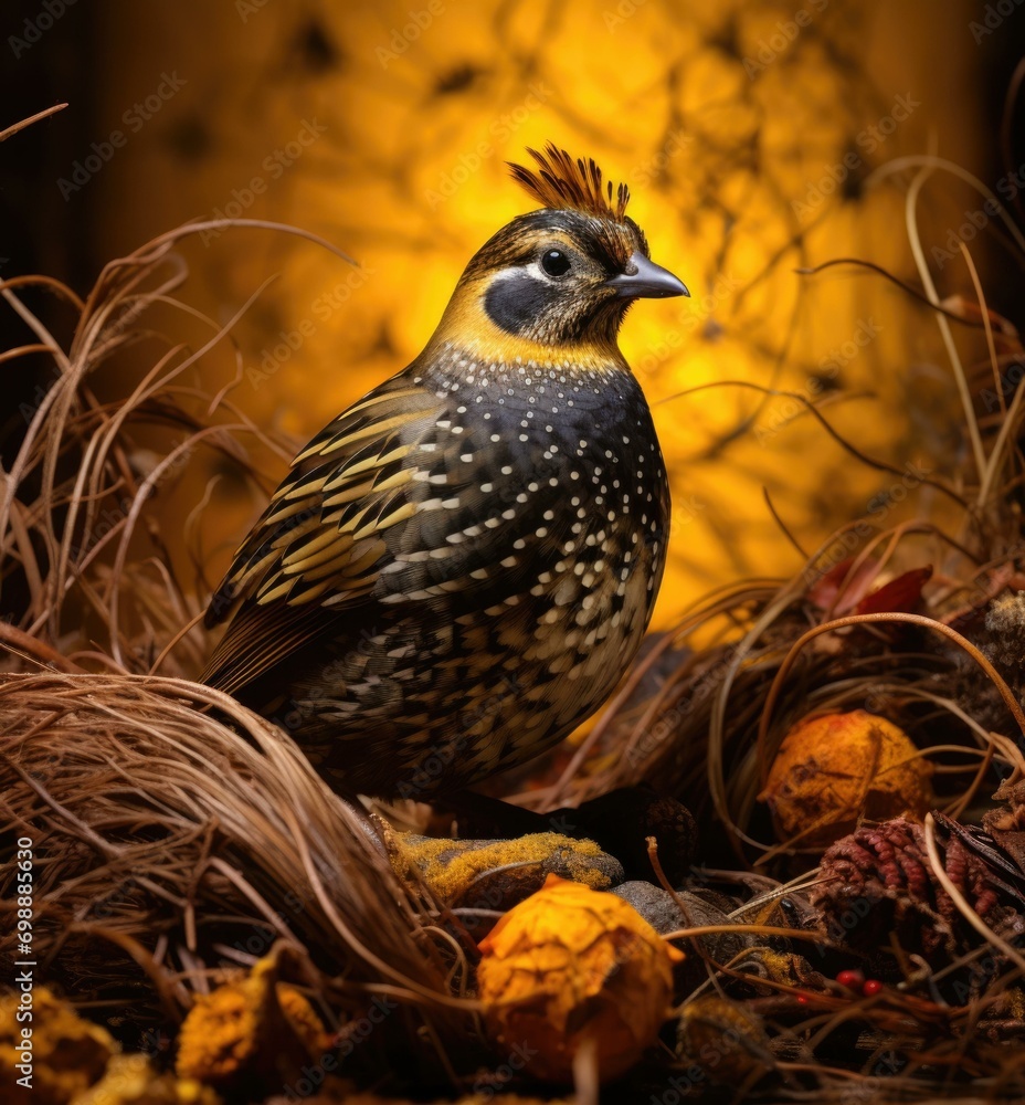 Wall mural A bird is sitting on top of some dried grass. Generative AI.