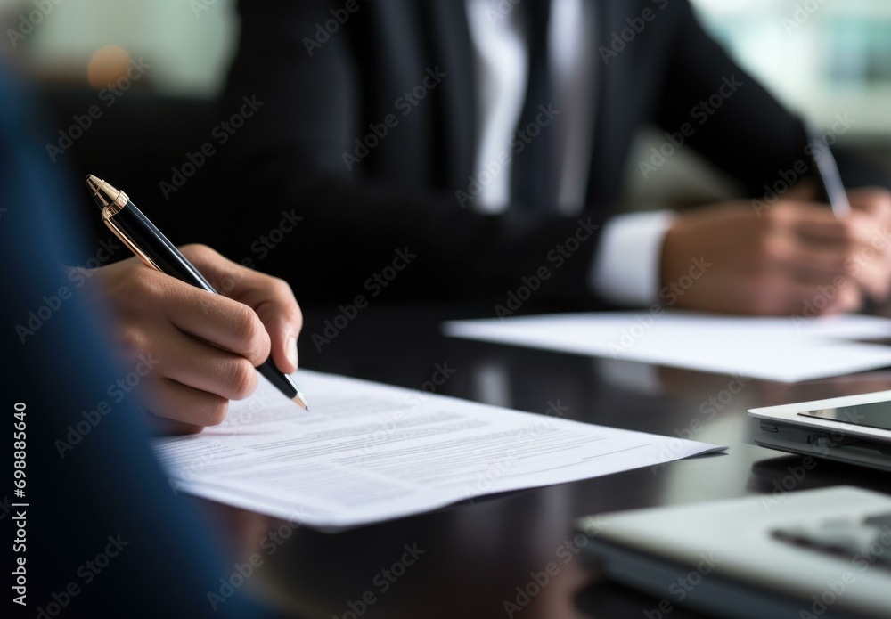 Poster a person signing a document on a table. generative ai.