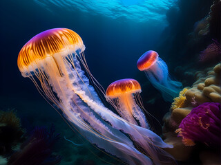 Beautiful colorful jellyfish floating in the sea.