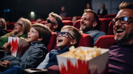 A family captivated by a movie, enjoying snacks, and sharing moments of awe and excitement at the cinema. Generative AI.