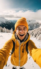 Fototapeta na wymiar A young man captures his snowy mountain hike with a cheerful selfie in his yellow jacket. Generative AI.
