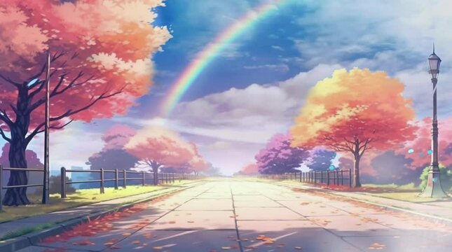 pavement road with tree along the road in autumn season looping video animation anime background illustration