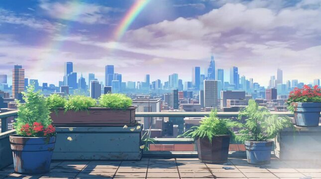 building rooftop with small garden and city landscape panoramic view looping video animation anime background illustration