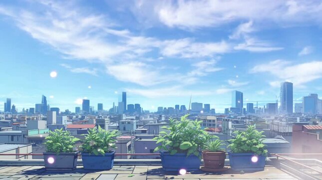 building rooftop with small garden and city landscape panoramic view looping video animation anime background illustration