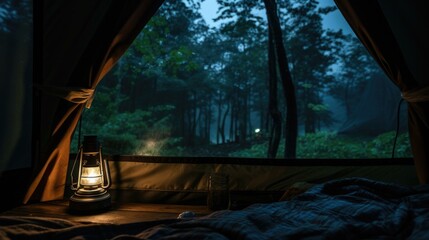 A cozy camp bed with a small oil lamp, blanket, and window overlooking a night forest after rain. Generative AI.