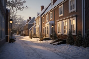 A charming winter street lined with Danish-designed rowhouses, enveloped in soft natural lighting,...