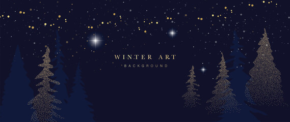 Naklejka premium Winter night festival background vector illustration. Luxury pine tree spot texture, twinkling stars, glitter on navy blue background. Design for poster, wallpaper, banner, card, decoration.