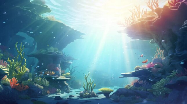 underwater scene with fish and coral and light rays from surface looping video animation anime background illustration