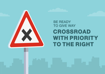 Safe driving tips and traffic regulation rules. Close-up of european crossroad with priority to the right sign. Flat vector illustration template.