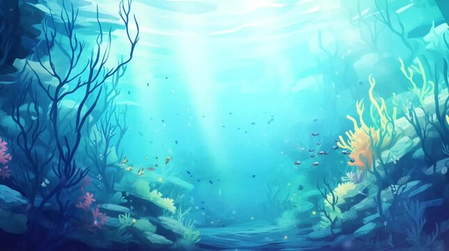 underwater scene with fish and coral and light rays from surface looping video animation anime background illustration