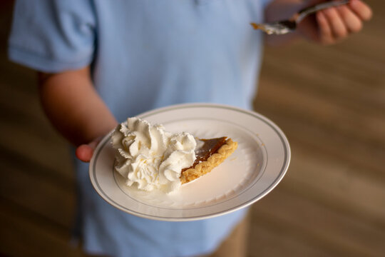 Child Person in Blue Shirt Holding Plate with Sweet Potato Pumpkin Pie with Excessive Whipped Cream