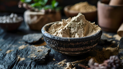Portrait of Fuller'S Earth Clay OR Multani mitti in a bowl along with raw stones and mortar - obrazy, fototapety, plakaty