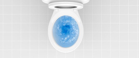 Top view of toilet bowl, blue detergent flushing in it