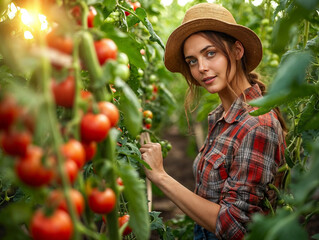 Organic Farming: Smiling Woman Harvesting Fresh Tomatoes in Sunlit Garden, Sustainable Agriculture