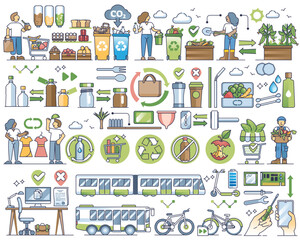 Zero waste lifestyle with resource material recycling outline collection set, transparent background. Green living items with ecological product reusage and repair to save plastic, glass.