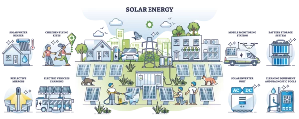 Fototapeten Solar energy and sustainable nature friendly panels outline collection set, transparent background.Labeled list with alternative electricity production, storage or usage illustration. © VectorMine