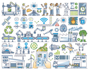 Fototapeta premium Smart factory and new generation for manufacturing outline collection set, transparent background. Elements with modern conveyor, IOT devices automation and 5G connectivity.