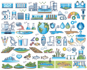 Water treatment and efficient nature resource usage outline collection set, transparent background. Wastewater and sewage filtration for drinking and agricultural watering usage illustration.