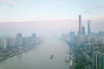 Aerial view of Shanghai skyline and cityscape at sunrise time, China.