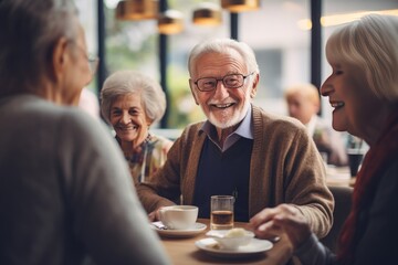 Group of senior friends enjoying conversation at cafe. Social engagement among elderly. - obrazy, fototapety, plakaty