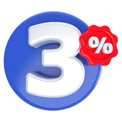 3 percentage off sale discount number blue with label 3d render