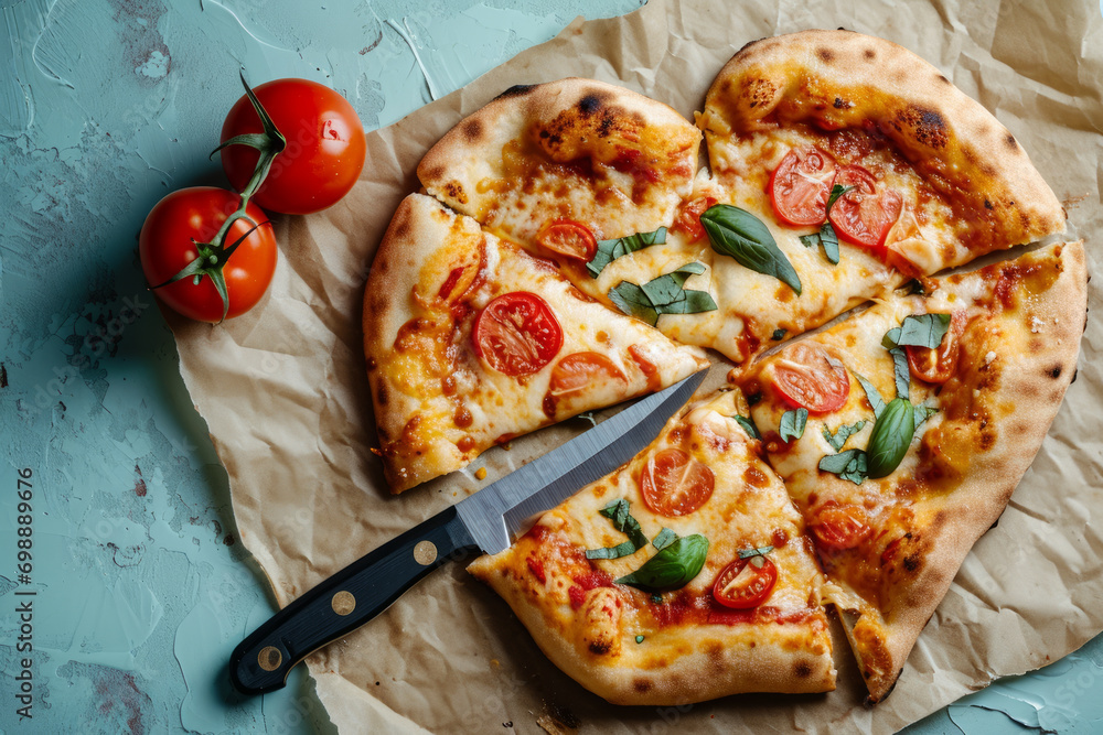 Wall mural pizza in the shape of a romantic heart on a light mint colored background. creative valentine's day 