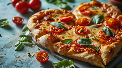 Pizza in the shape of a romantic heart on a light mint colored background. Creative Valentine's Day food concept