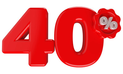 Fototapeta na wymiar 40 percentage off sale discount number red with label 3d render