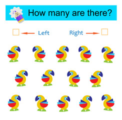 Left or Right. Logic game for kids. Count how many parrots are turned left and how many are turned right.