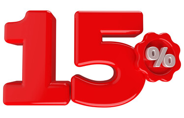 15 percentage off sale discount number red with label 3d render