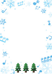 水色の雪の結晶と音符ともみの木のフレーム・背景01_縦