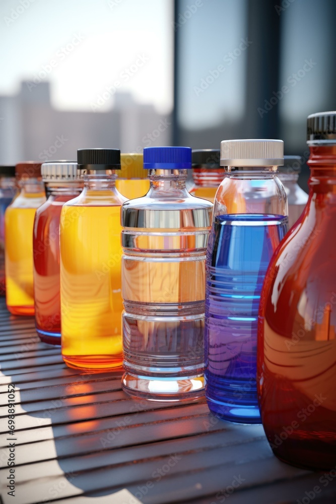 Poster a row of colorful bottles sitting on a table. generative ai.