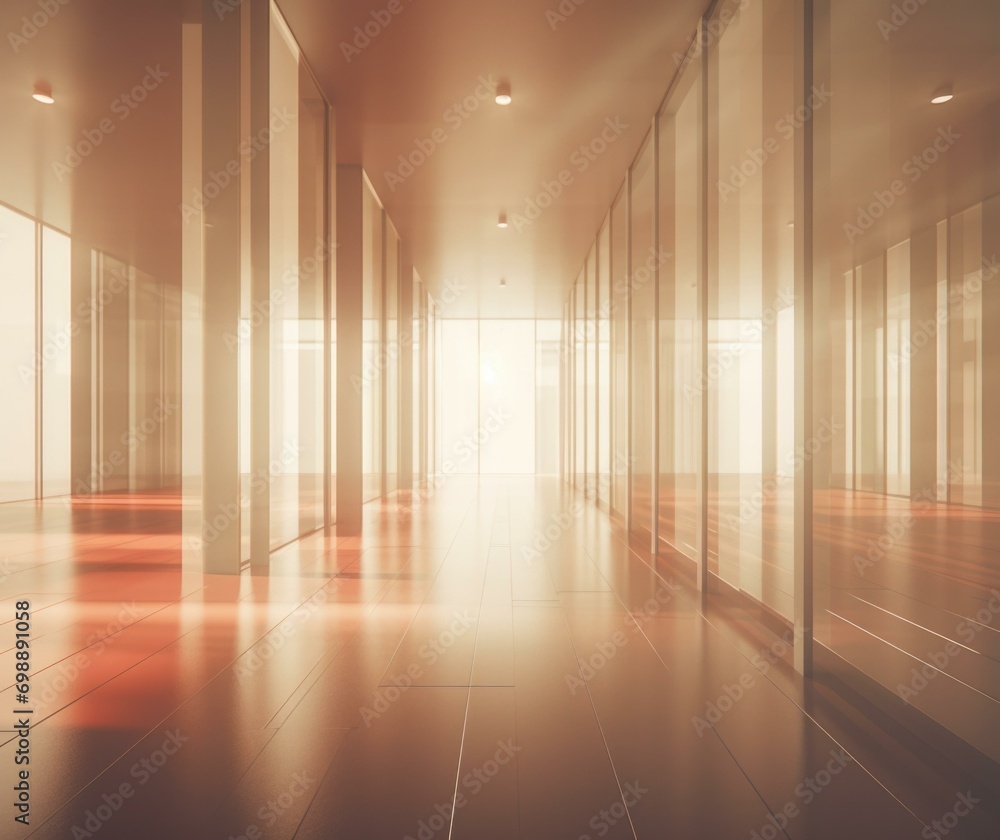 Poster empty hallway with light coming from the windows. generative ai.