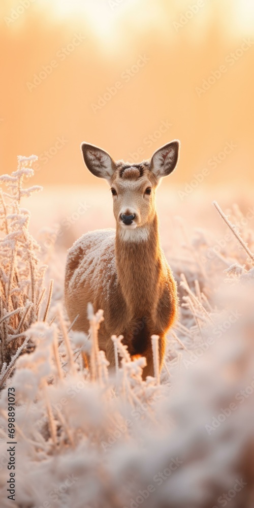 Poster a deer is standing in a field with frost. generative ai.