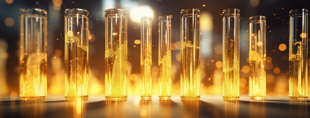 Golden liquid in test tubes with light. Generative AI.