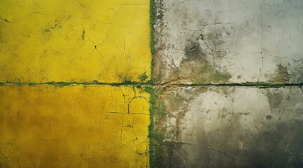 Yellow and gray wall with cracked paint. Generative AI.