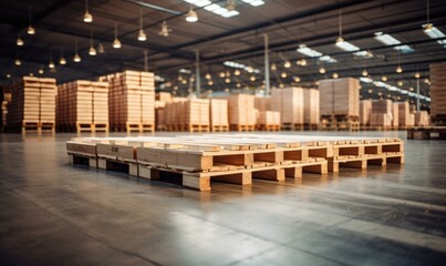 A large warehouse with pallets on the floor. Generative AI. - obrazy, fototapety, plakaty