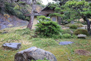  A Japanese garden : the scene of a teahouse in Ritsurin-koen Park in Takamatsu City in Kagawa...