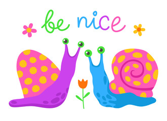 Couple of cute funny snails. Inscription 