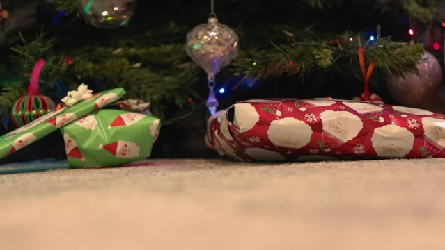 Low angle shot of some presents wrapped sitting under a Christmas tree