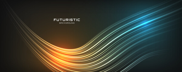 3D yellow blue techno background on dark space with glow lines effect shape decoration. Fast motion style. Modern graphic design element panoramic high speed concept for banner, card or brochure cover