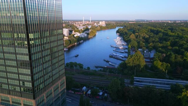 Treptower Park tower river city Berlin Germany summer day. Perfect aerial top view flight panorama overview drone
4k cinematic footage