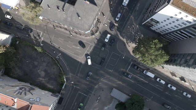 Techno Party electro dance club disco city Berlin Germany summer day. Nice aerial top view flight vertical bird's eye view rotation to right drone 4k cinematic footage