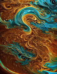 a close up of a painting of a wave with a blue and orange swirl