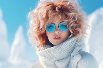 Close up portrait of a beautiful woman in white sports winter clothes in the snowy mountains with sky blue glasses - Powered by Adobe
