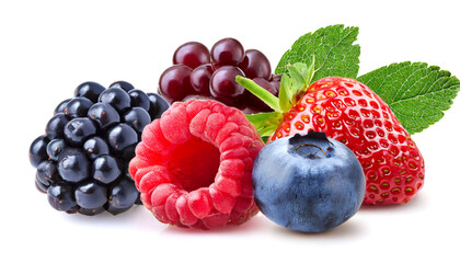 Berries fruits isolated on white background close up. Ripe strawberry, blueberry, blackberry and raspberry