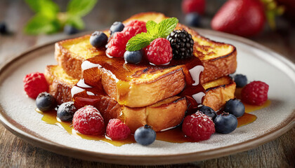 French toast with fresh berries and honey for breakfast, close-up